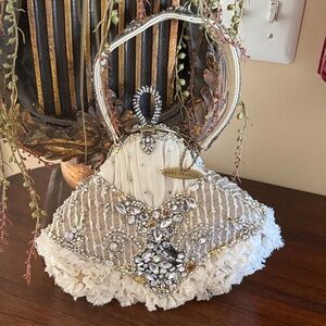 Mary Francis Crystal Embellished Ivory Evening Bag